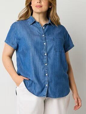 St. John's Bay Womens Short Sleeve Regular Fit Plus 3X Button-Down Shirt Denim